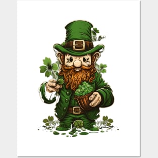 green gnome wearing a green hat with a shamrock Posters and Art